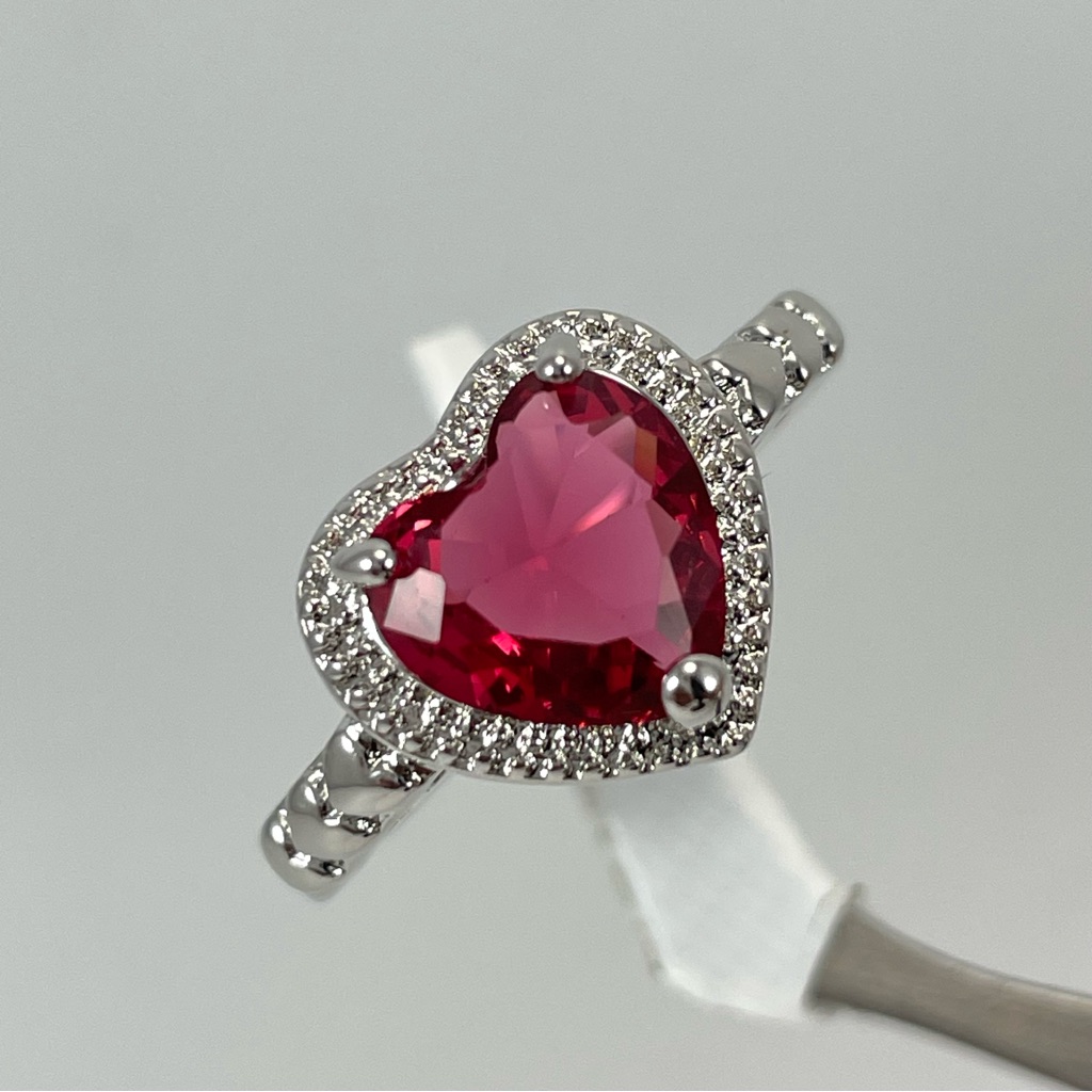Silver Ruby Red Diamond White Cz Heart Halo Ring Romantic Statement Gift 60$